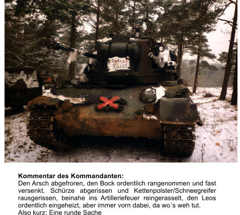 Kommentar des Kommandanten: Den Arsch abgefroren, den Bock ordentlich rangenommen und fast versenkt, Schrze abgerissen und Kettenpolster/Schneegreifer rausgerissen, beinahe ins Artilleriefeuer reingerasselt, den Leos ordentlich eingeheizt, aber immer vorn dabei, da wos weh tut. Also kurz: Eine runde Sache